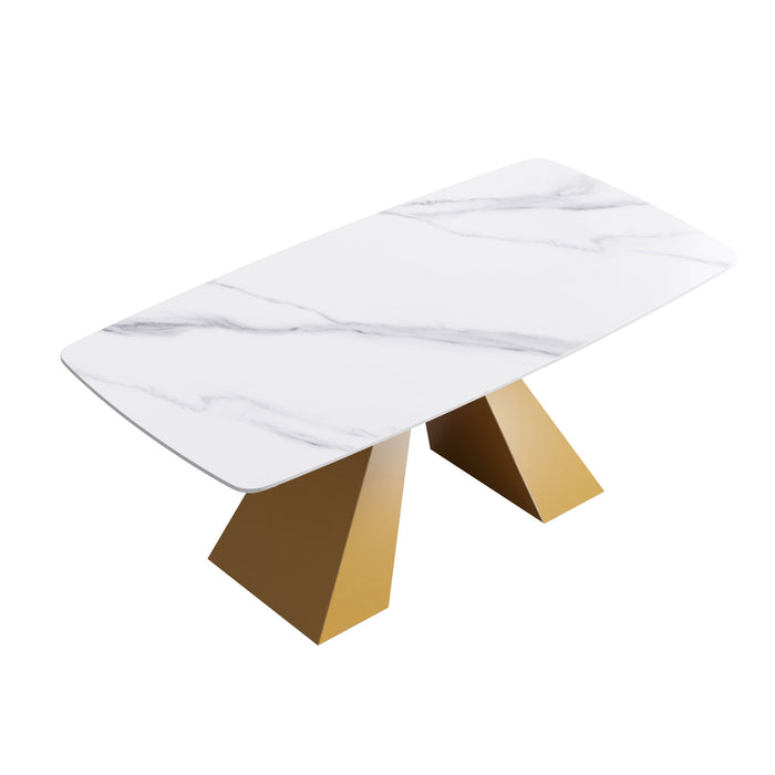 Modern Artificial Stone Curved Metal Leg Dining Table, Can Accommodate 6-8 People - White / Gold