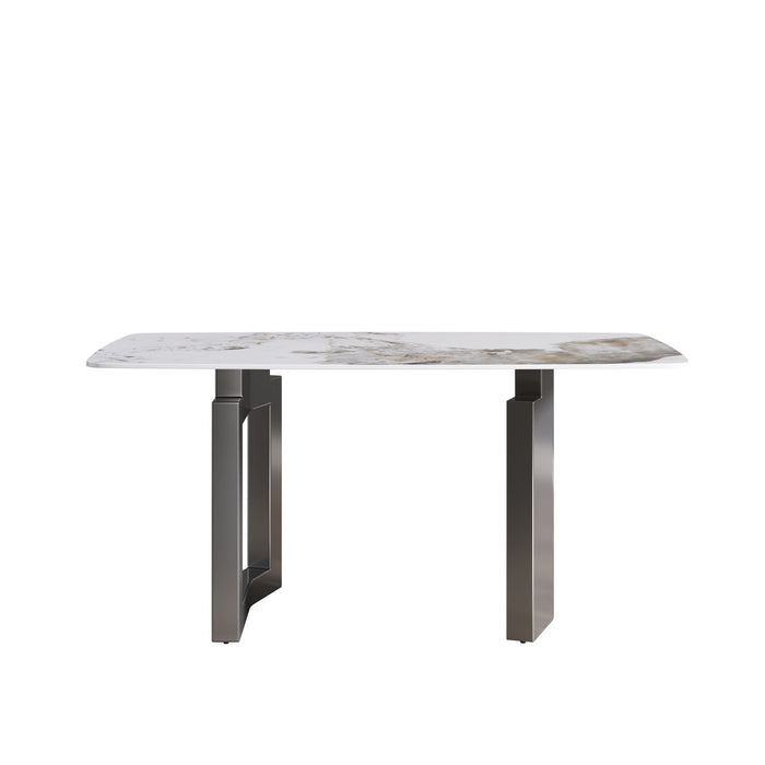 63" Modern Artificial Stone Pandora White Curved Metal Leg Dining Table, 6 People - Antique White / Black