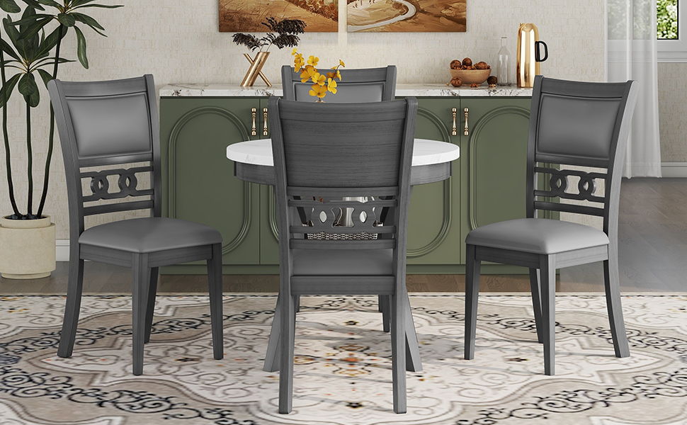 5 Piece Dining Round Table Set With One Faux Marble Top Dining Table And Four Pu-Leather Chairs - Gray