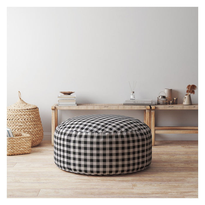 Cotton Round Gingham Pouf Cover - Black / Gray