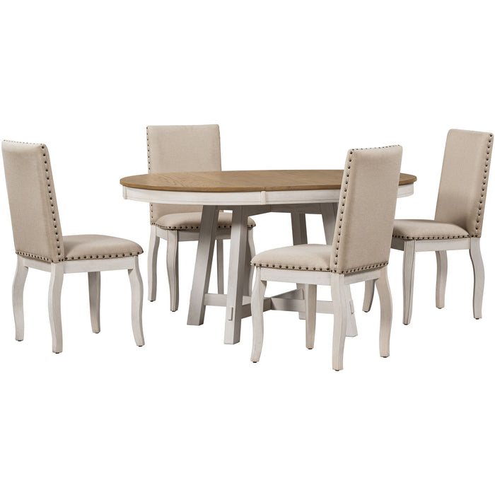 Farmhouse Dining Table Set Wood Round Extendable Dining Table And Upholstered Dining Chairs