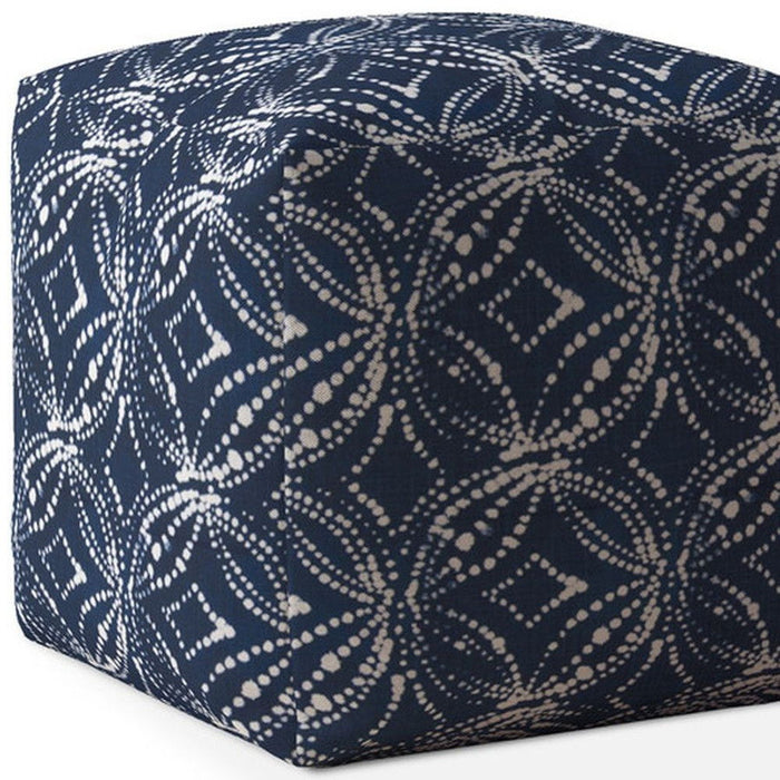 Canvas Damask Pouf Cover - Blue / White