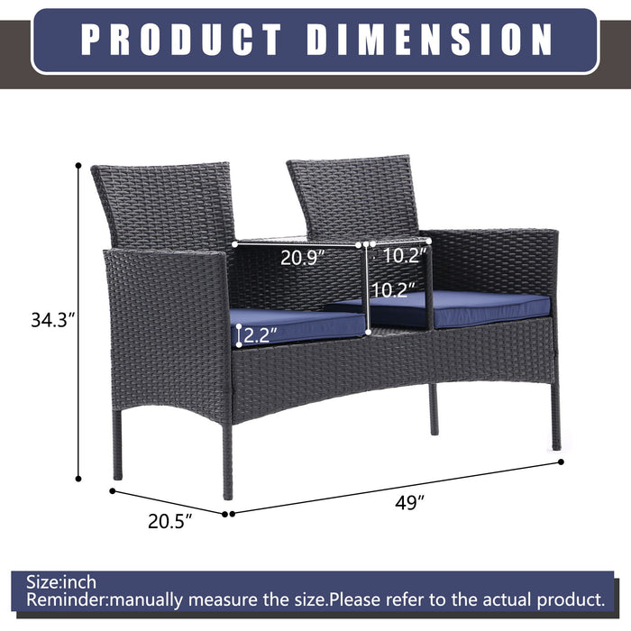 Outdoor Patio Loveseat Set, All Weather Conversation Furniture With Built In Coffee Table, Tempered Glass Top And Removable Cushions For Garden Lawn Backyard