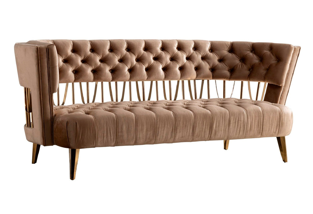 Tufted Velvet And Gold Open Back Sofa - Beige