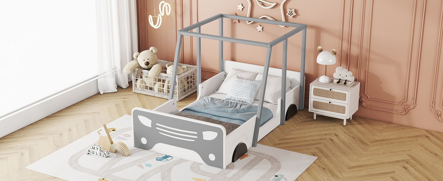 Twin Size Car-Shaped Bed With Roof, Wooden Twin Floor Bed With Wheels And Door Design, Montessori Inspired Bedroom