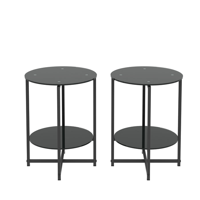 Tempered Glass End Table (Set of 2) , Round Coffee Table For Bedroom Living Room Office - Black