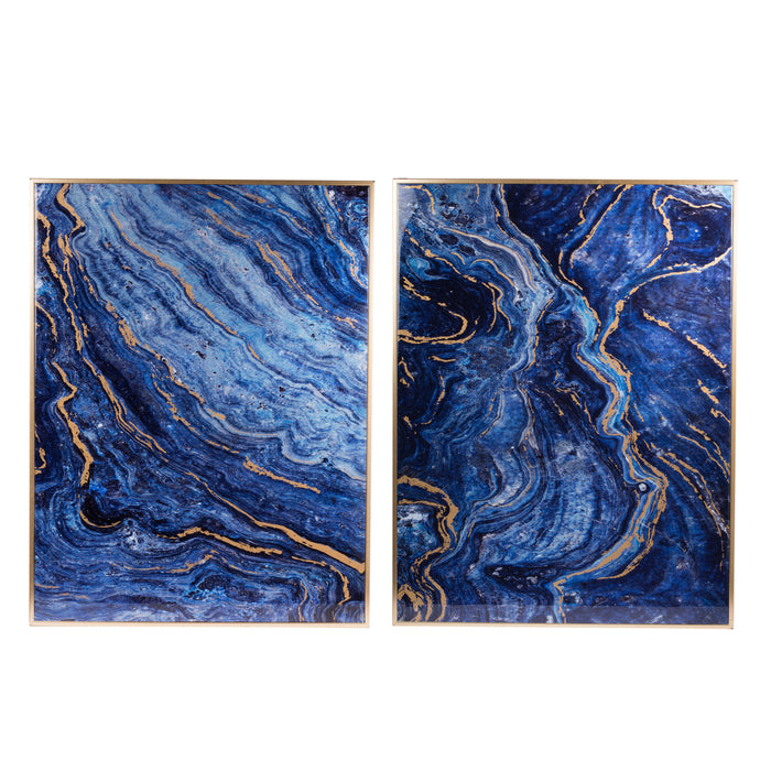 Framed Art Panels, Unique Marbled Design (Set of 2) - Blue / Gold