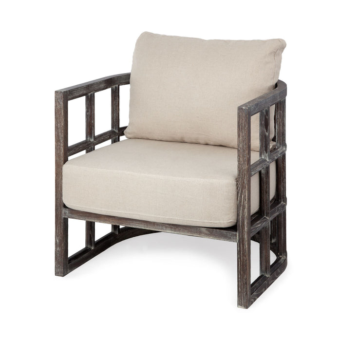 Fabric Distressed Barrel Chair - Cream / Brown