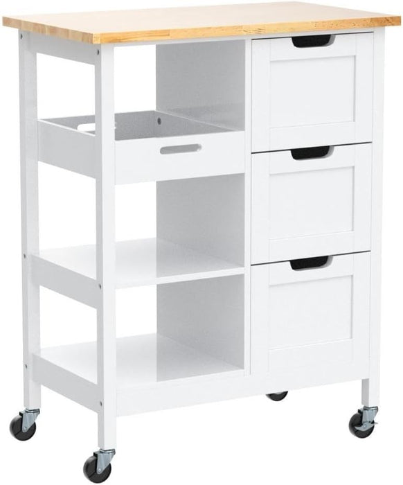 Rolling Portable Small Kitchen Island Cart On Wheels With Solid Wood Top, Dining Room Serving Utility Carts Mobile Movable With 3 Drawers And Storage Shelves Cabinet - White