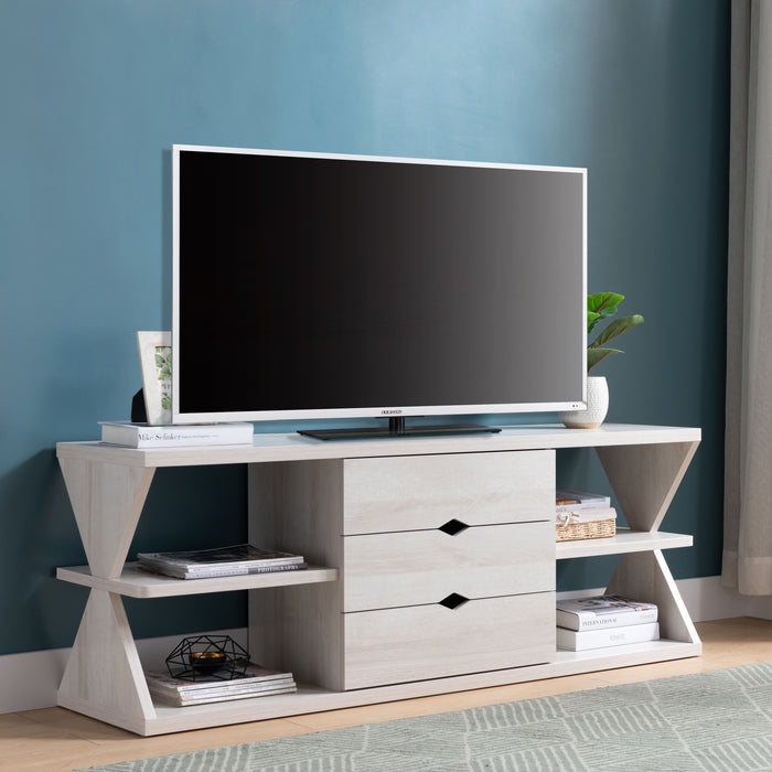 TV Stand With Whimsical Leg Design Ample Storage With Three Drawers And Four Open Shelves - White Oak