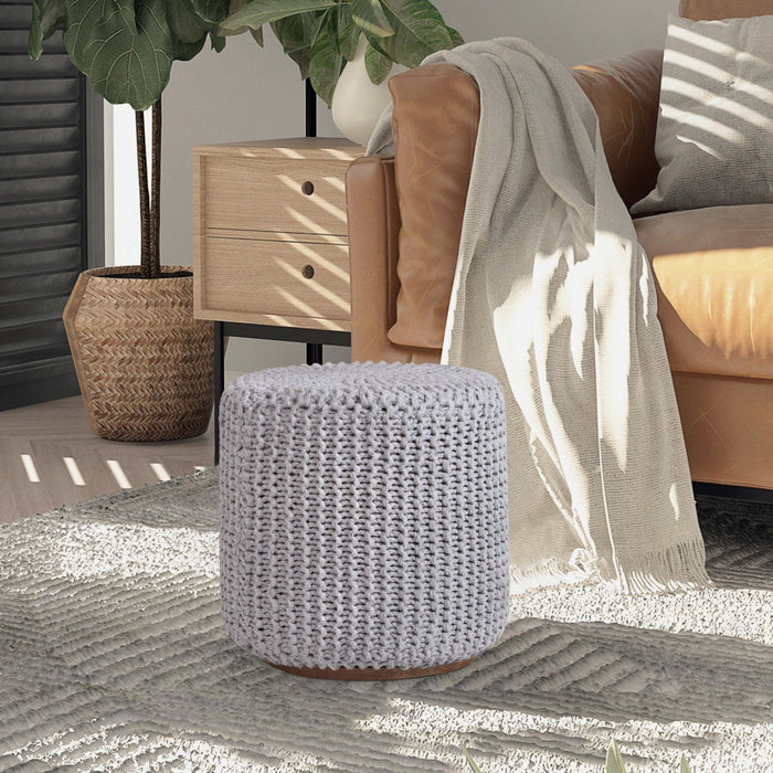 Cotton Blend Round Pouf Ottoman - Light Gray