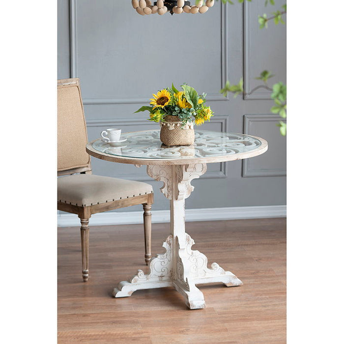 Round Wooden Carved Table, Distressed Finish Design - Antique White