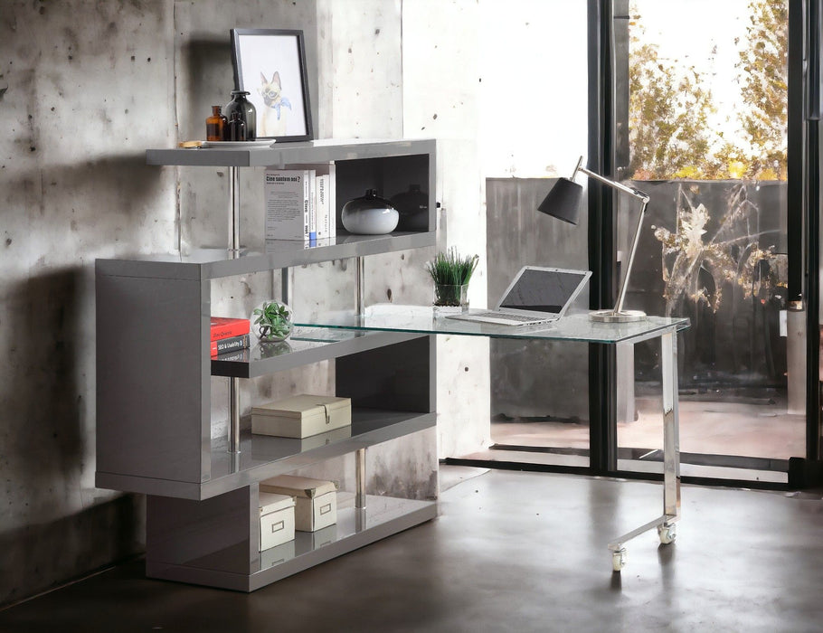 Buck II - Clear Glass, Chrome High Gloss Writing Desk With Shelf