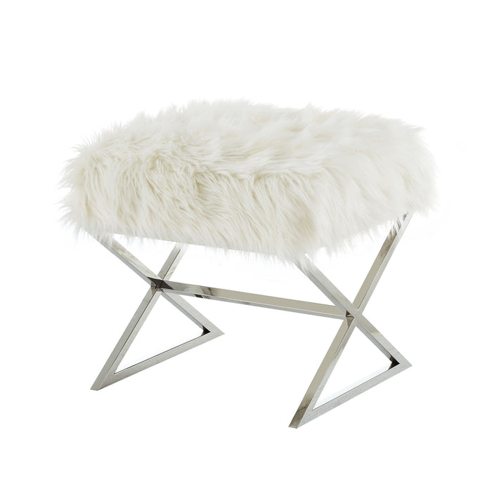 Faux Fur Ottoman - White / Silver