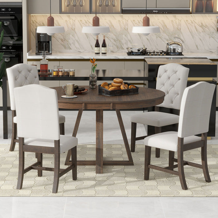 Retro Functional Dining Set, Round Table With Leaf And Upholstered Chairs For Dining Room And Living Room