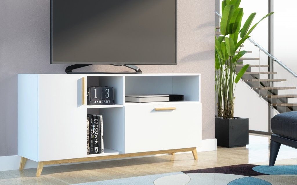 Modern Asymmetrical TV Stand - White / Natural