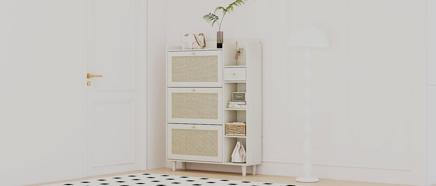 Natural Bohemia Style Shoe Cabinet, Shoe Rack Cabinet With 3 Rattan Flip Drawers, 3 Square Shelves And 1 Storage Drawer, Shoe Organizer With Mulit Storage Space And Hooks For Hallway, Entryway