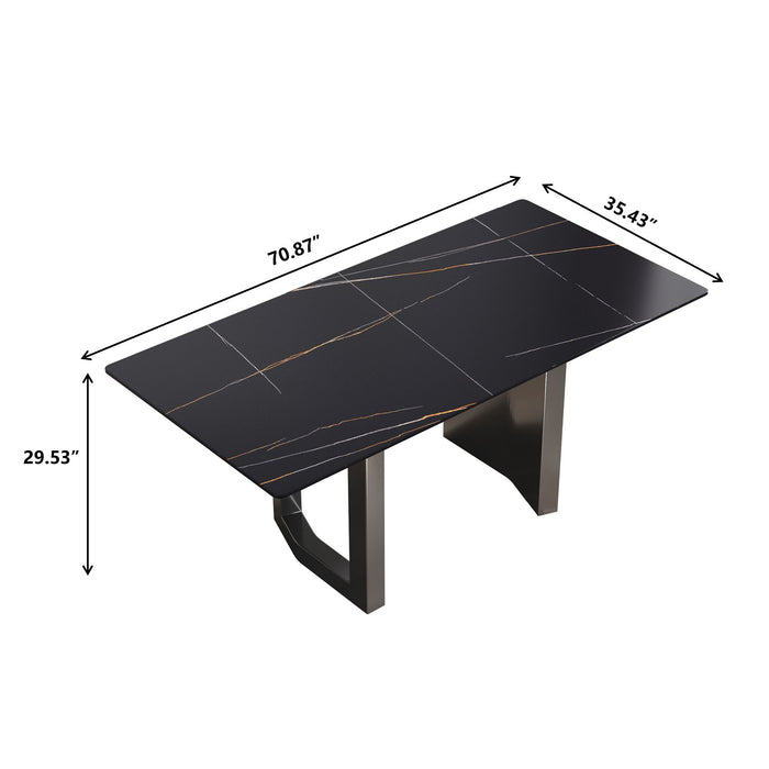 70.87" Modern Artificial Stone Black Straight Edge Black Metal Leg Dining Table, Can Accommodate 6-8 People - Black