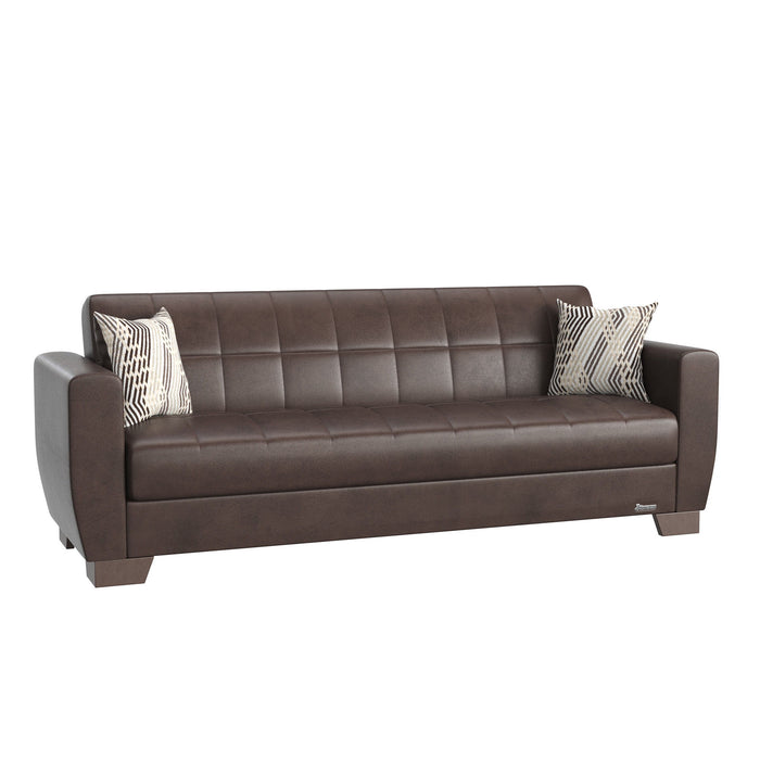 Faux Leather Sleeper Sleeper Sofa And Toss Pillows - Brown