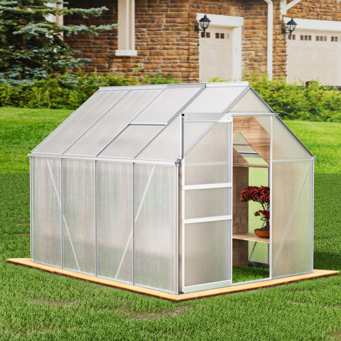 Walk-In Polycarbonate Greenhouse With Roof Vent, Sliding Doors, Hobby Hot House For Outdoor Garden Backyard - Silver