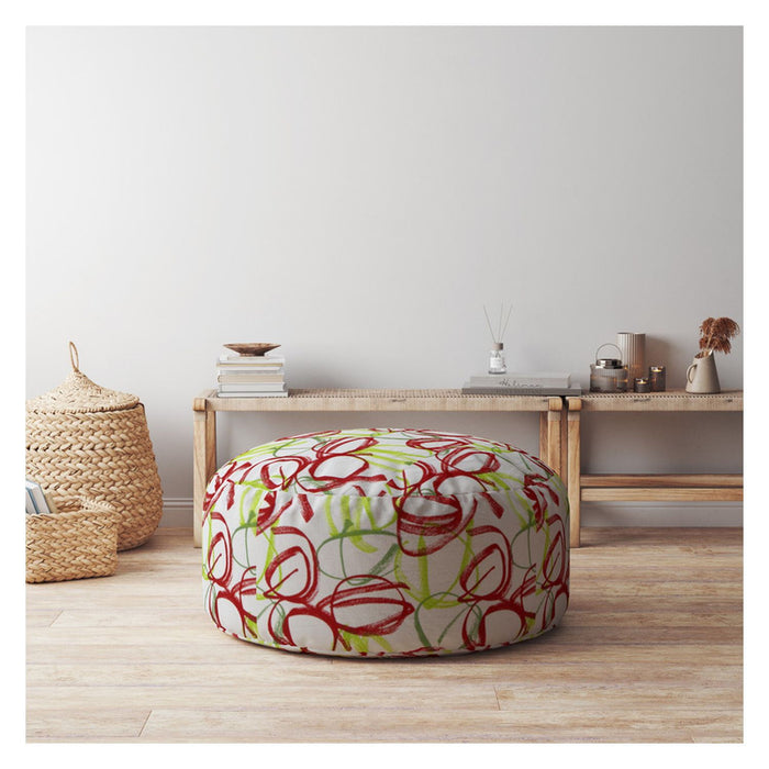 Cotton Round Abstract Pouf Cover - Green / White