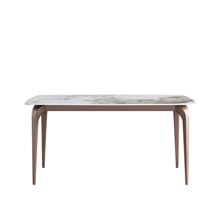 63" Modern Artificial Stone Pandora White Curved Metal Leg Dining Table, 6 People - White