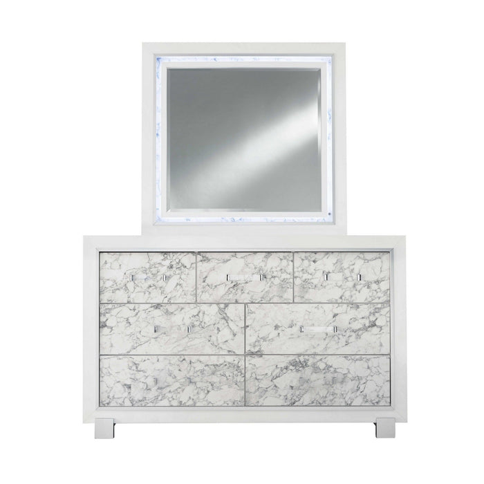 Modern Dresser With 7 Faux Marble Detailed Front Drawer. - White