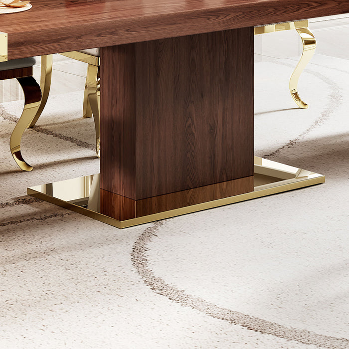 MDF Top Dining Table With Gold Finish Corner, MDF Pillar And Gold Finish Stainless Steel Base