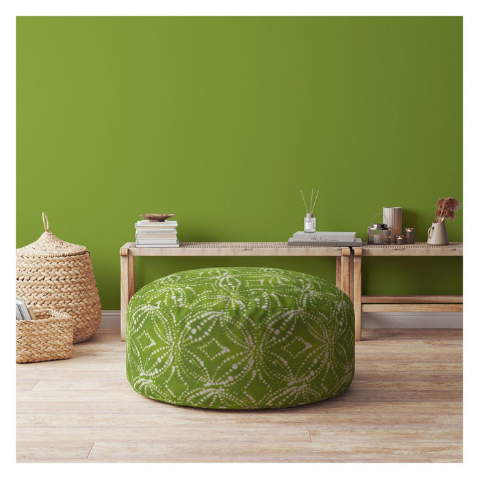 Cotton Round Damask Pouf Ottoman - Green / White