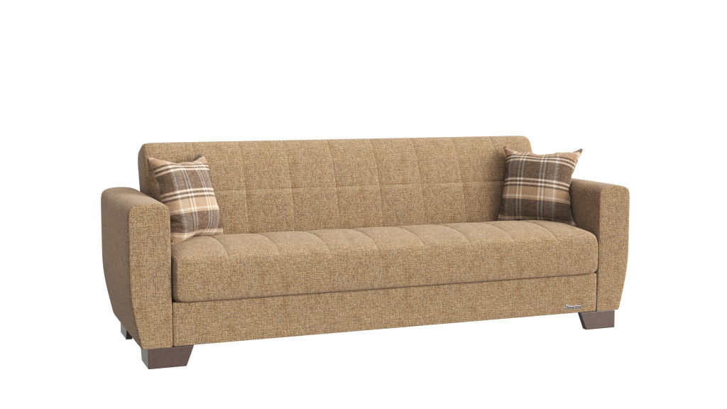 Chenille Sleeper Sleeper Sofa And Toss Pillows With Brown Legs - Beige