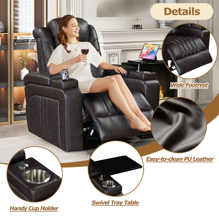 Power Recliner Home Theater Recliner With Power Adjustable Headrest, Wireless Charging Device, USB Port, Storage Arms, Cup Holder And Swivel Tray Table For Living Room