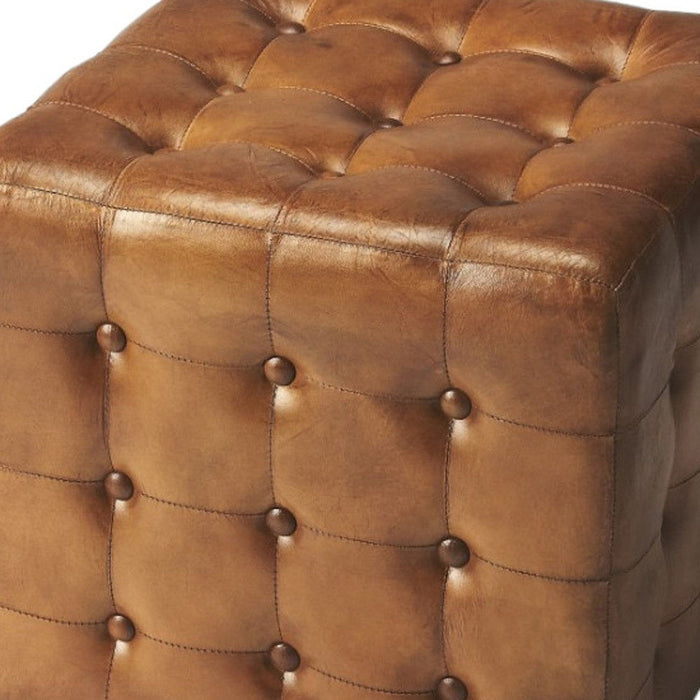 Tufted Leather Vintage Style Cube Ottoman - Brown