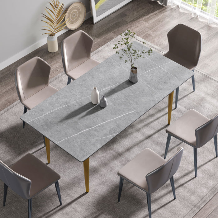 70.87" Modern Artificial Stone Gray Straight Edge Golden Metal Leg Dining Table, Can Accommodate 6-8 People - Gray