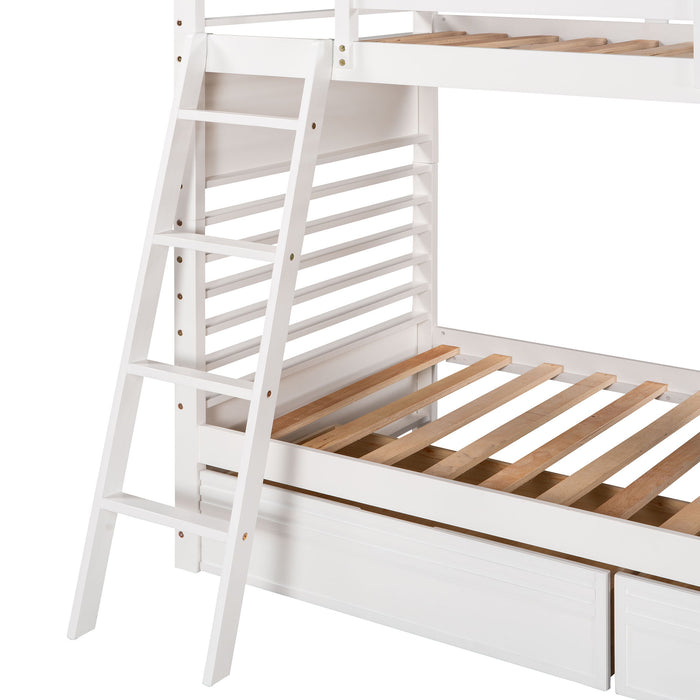 Twin Over Twin Wood Bunk Bed With Two Drawers - White