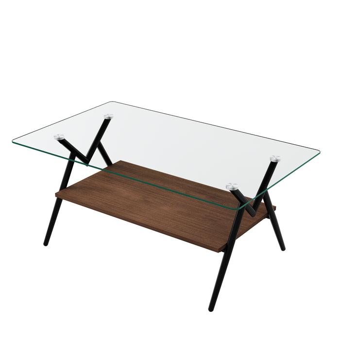 Rectangle Coffee Table With Tempered Glass Top And Shelf, Modern Table For Living Room