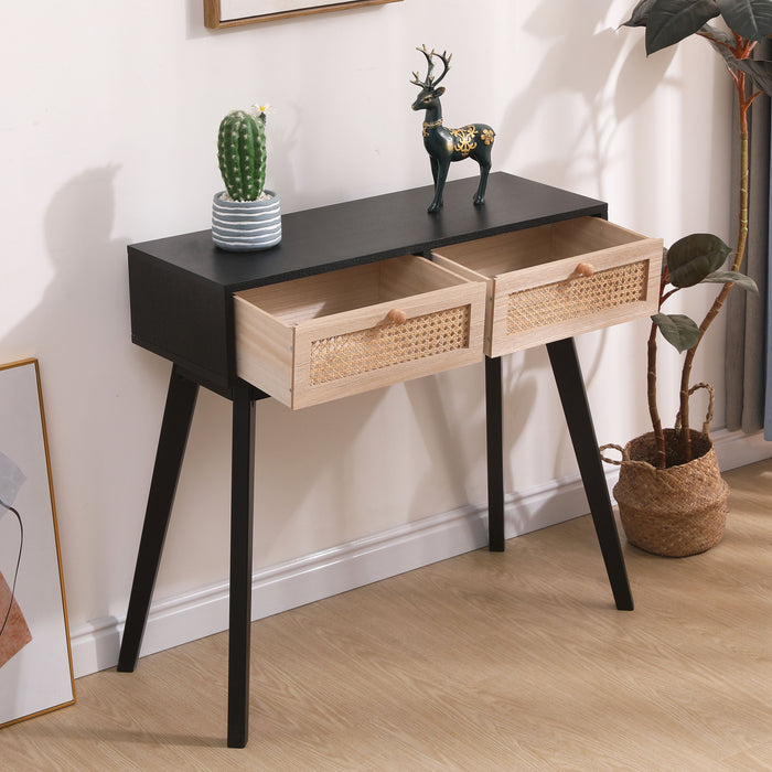 Side Table With Two Real Rattan Drawers, Solid Wood Table Legs, Can Be Used In The Dining Room, Living Room, Bedroom, Entrance