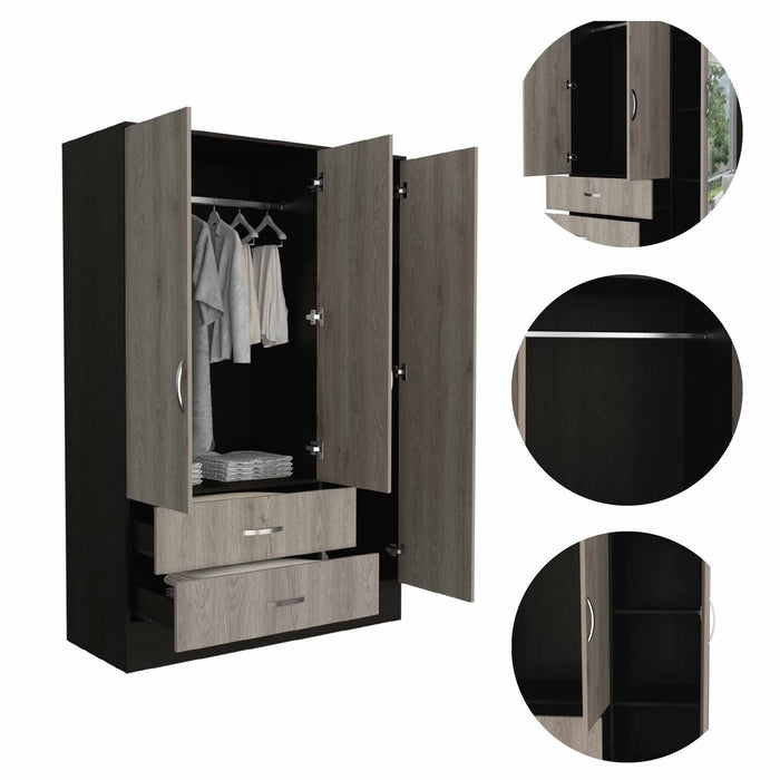 Three Door Wardrobe Closet With Mirror - Light Oak /	Black