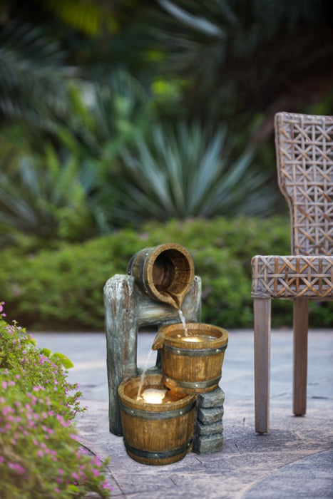 Decorative 3 Tier Bucket Fountain With Lights And Pump - Brown