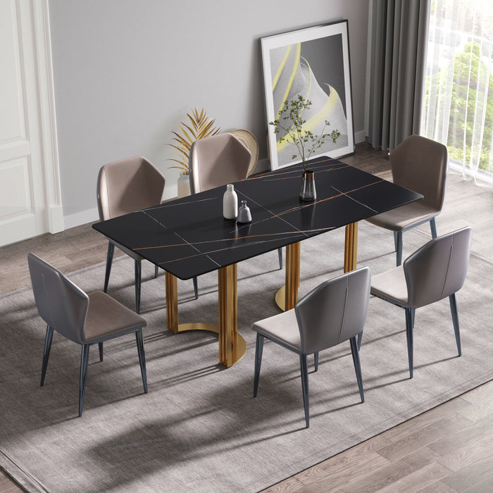 70.87" Modern Artificial Stone Straight Edge Metal Leg Dining Table, Can Accommodate 6-8 People - Black / Gold