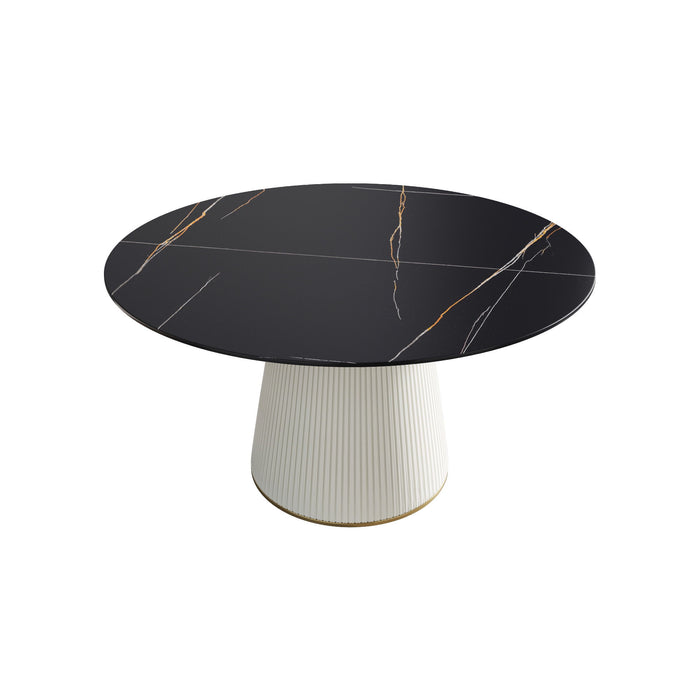 Modern Artificial Stone Round Plywood PU Base Dining Table, Can Accommodate 6 People, (Not Including Chairs) - Black / Beige