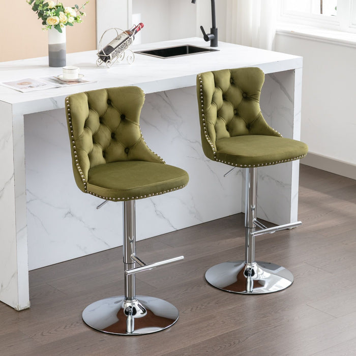 Swivel Velvet Barstools Adjusatble Seat Height From 25-33", Modern Upholstered Chrome Base Bar Stools With Backs Comfortable Tufted For Home Pub And Kitchen Island (Set of 2)