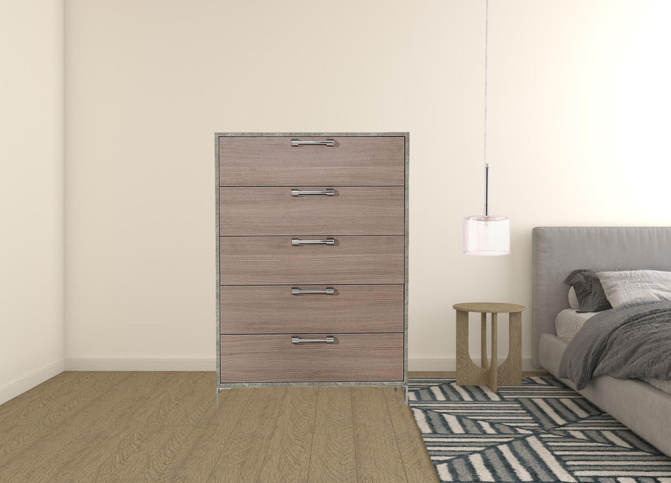 Solid Wood Five Drawer Chest - Brown Oak / Gray