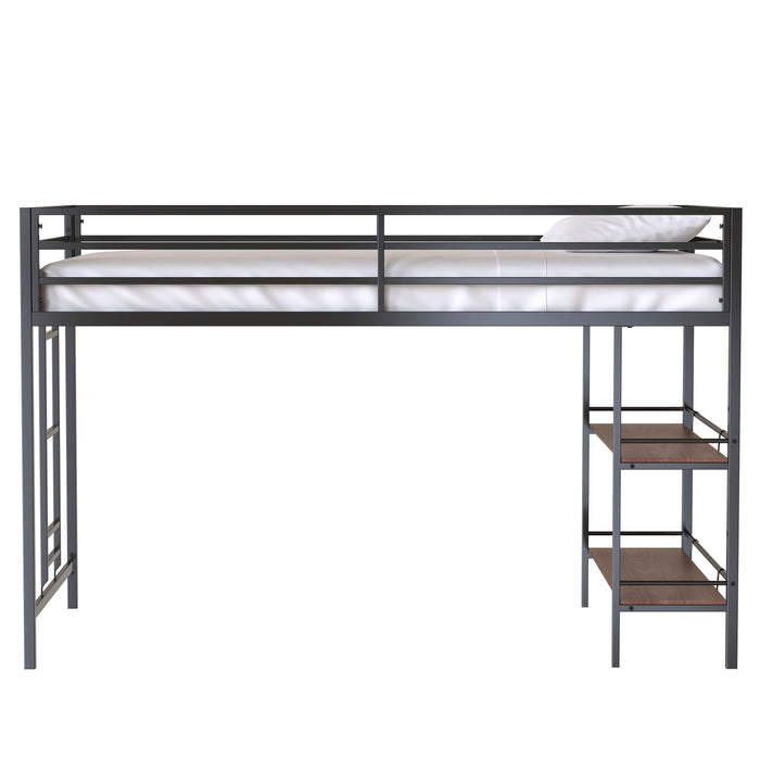 Adam - Junior Twin Loft Bunk Bed - Black With Cinnamon Wood Shelf