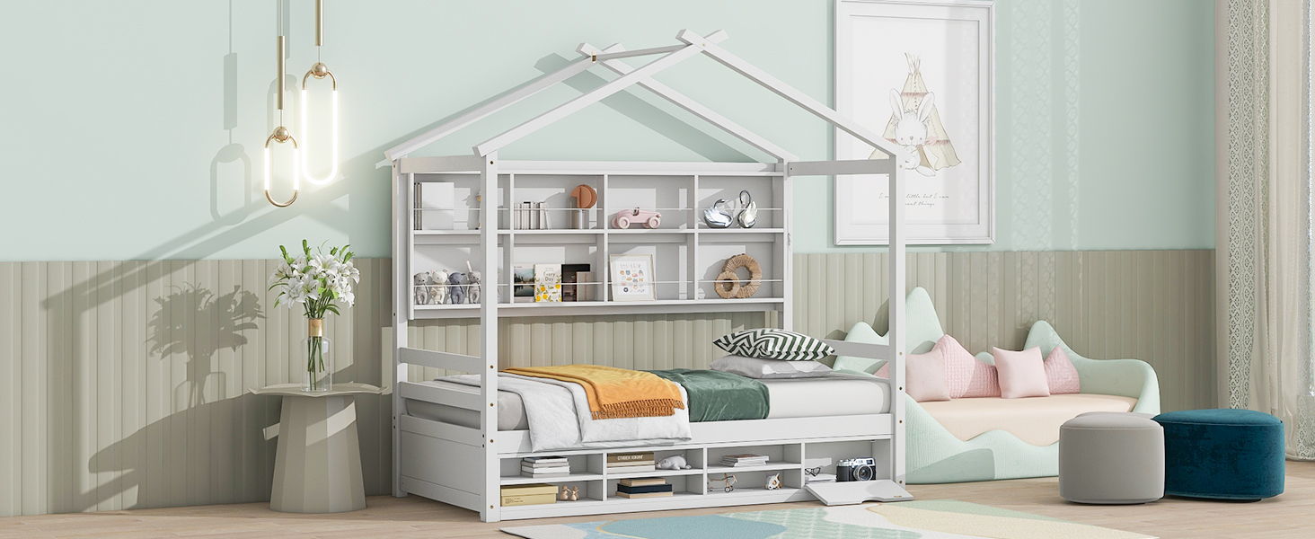 Twin House Bed With Roof Frame, Bedside-Shelves, Under Bed Storage Unit - White