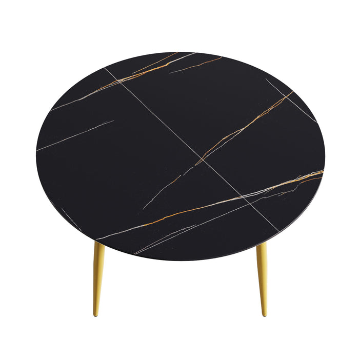 Modern Artificial Stone Round Dining Table With Golden Metal Legs, Can Accommodate 6 People - Black