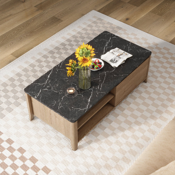 Modern Farmhouse Double Drawer Coffee Table For Living Room Or Office Marble Texture