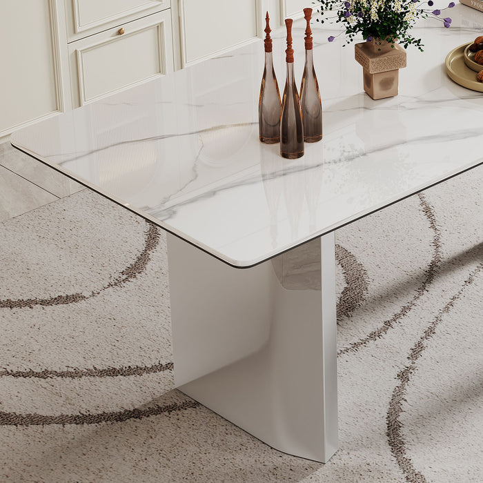 Sintered Stone Composite Tempered Glass Top Rectangular Dining Table With Stainless Steel Base