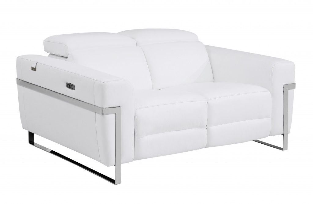 Italian Leather Power Reclining Loveseat - White / Silver