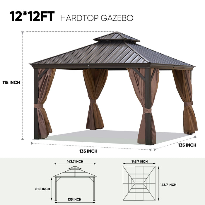 12x12Ft Patic Gazebo, Alu Gazebo With Steel Canopy, Outdoor Permanent Hardtop Gazebo Canopy For Patio, Garden, Backyard - Bronze