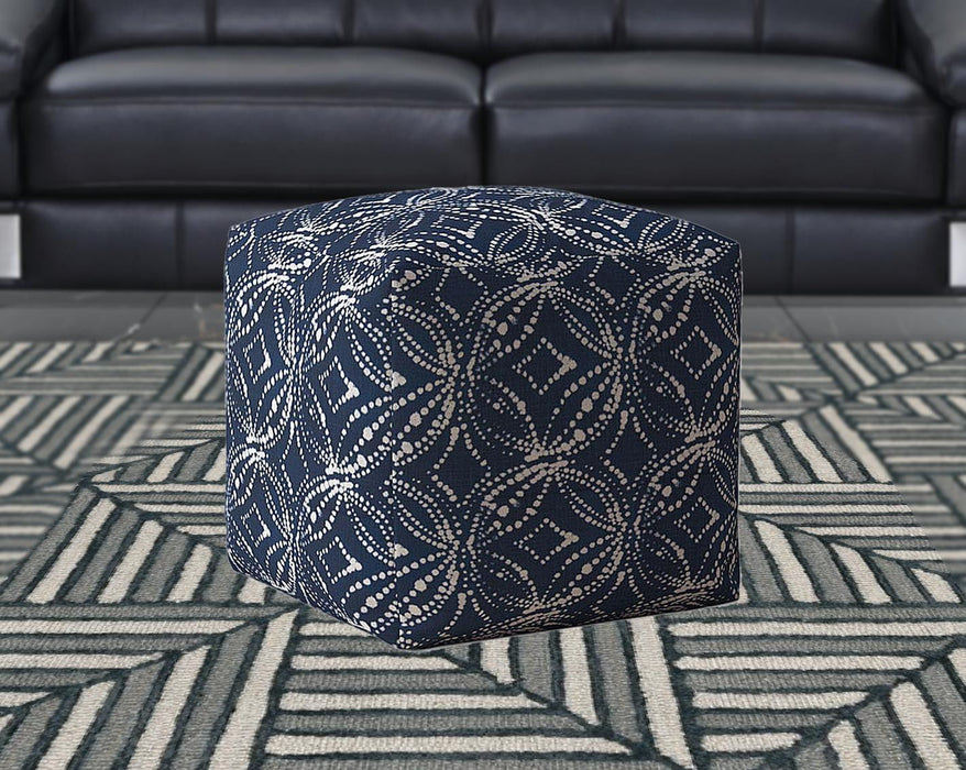 Canvas Damask Pouf Cover - Blue / White